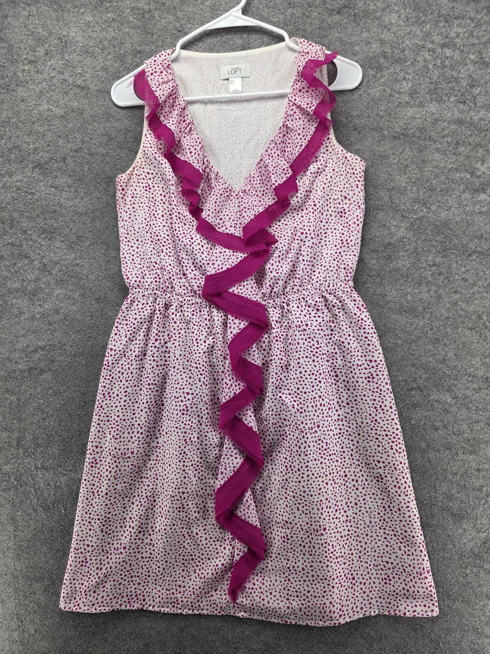 Ann Taylor LOFT Dress Womens Small Pink Ruffle Polka Dot Sleeveless V Neck
